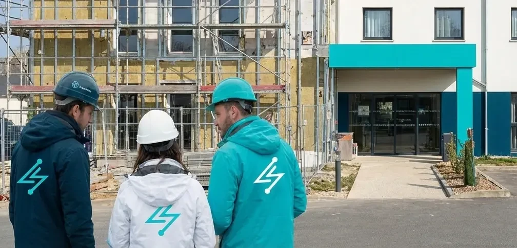 Vue façade travaux rénovation hôtel avec L&Smart