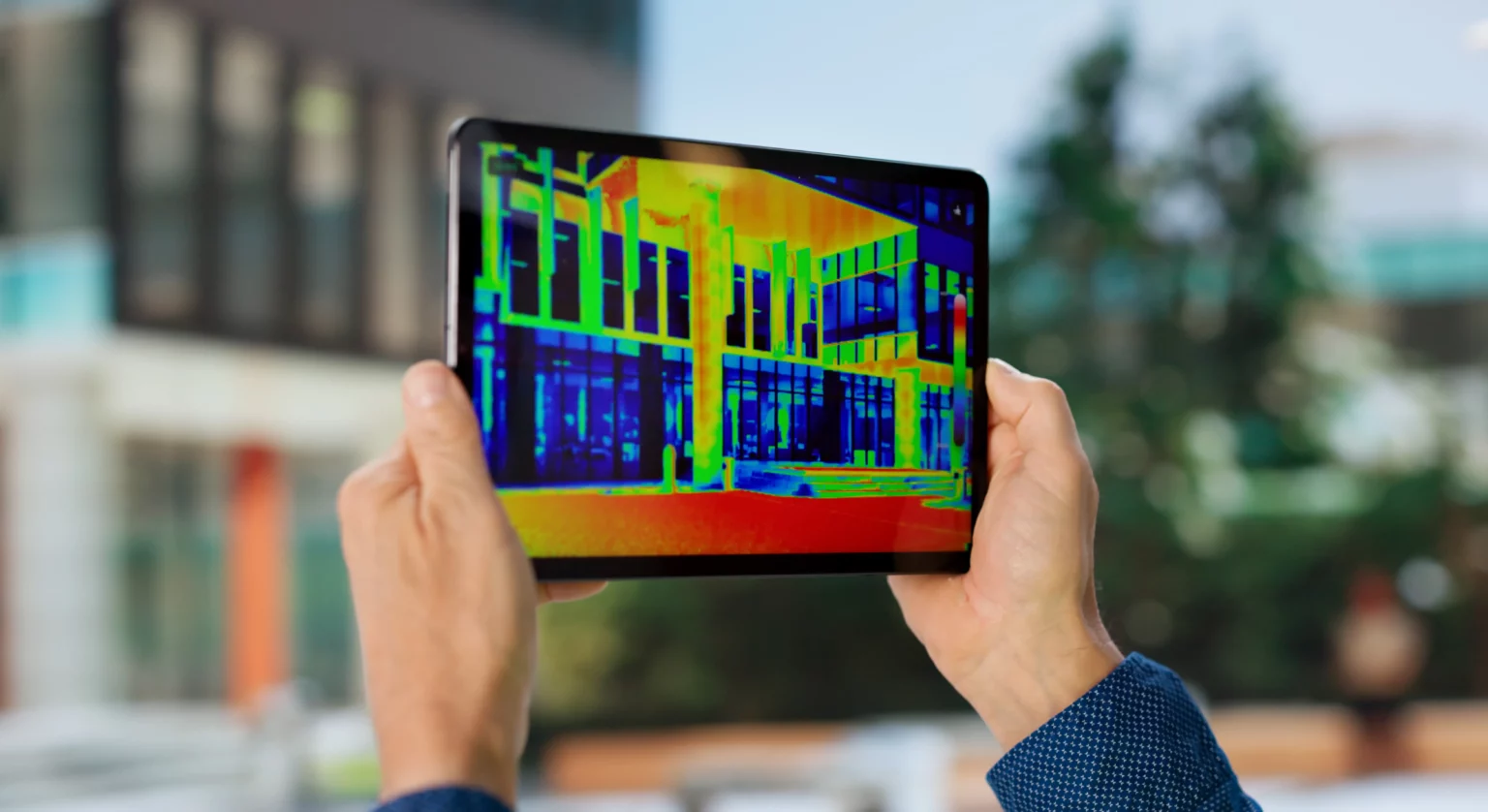 Vue analyses énergie sur tablette pour audit énergétique devant un bâtiment