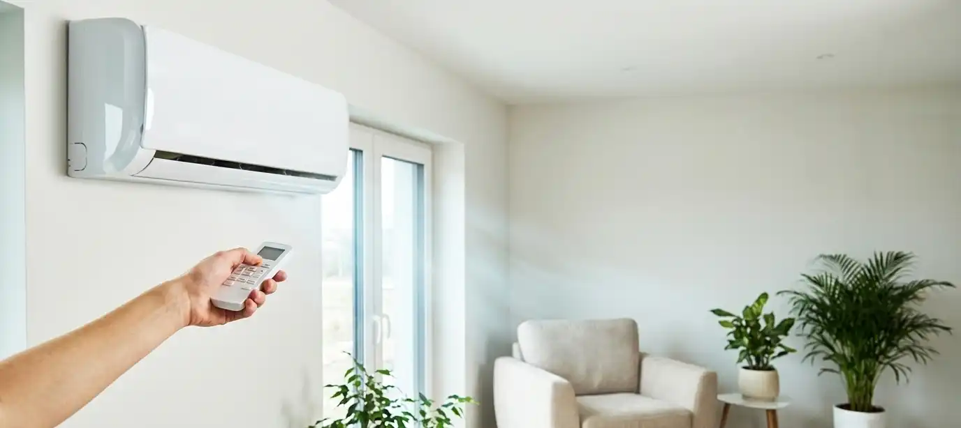 Climatisation réversible murale pilotée à distance dans un salon lumineux avec fauteuil et plantes vertes.