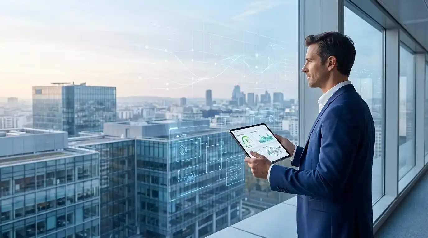 Un auditeur énergétique en costume examine une interface numérique de GTB sur sa tablette face à un immeuble de bureaux moderne.