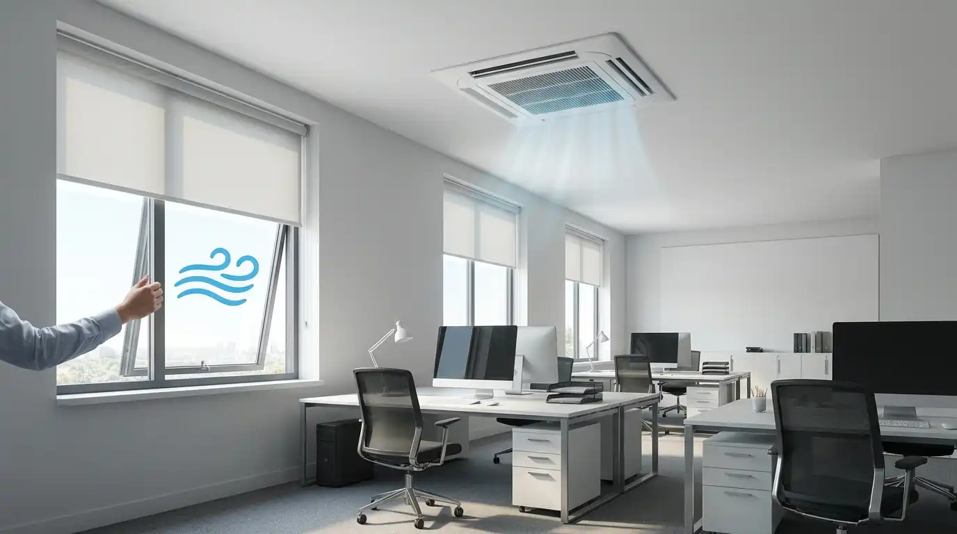 Bureau : fenêtre ouverte et climatisation active simultanément, symbole de gaspillage énergétique.