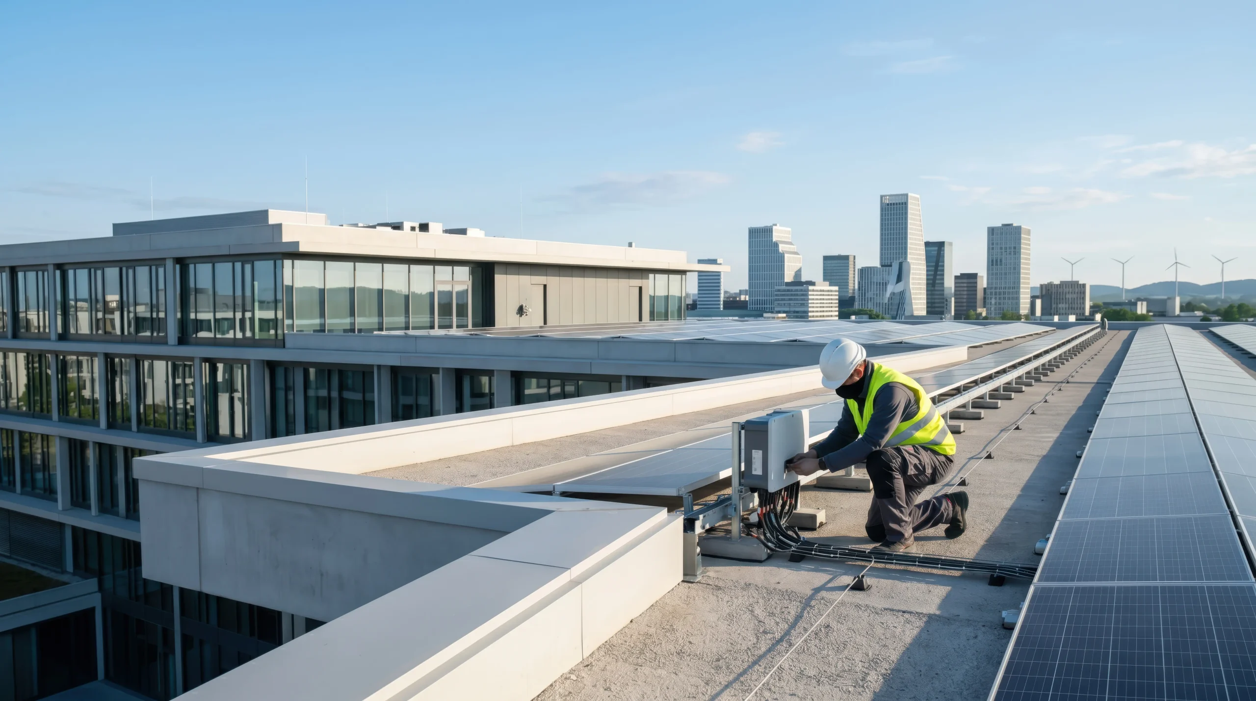 Technicien installant un système GTB sur un bâtiment tertiaire
