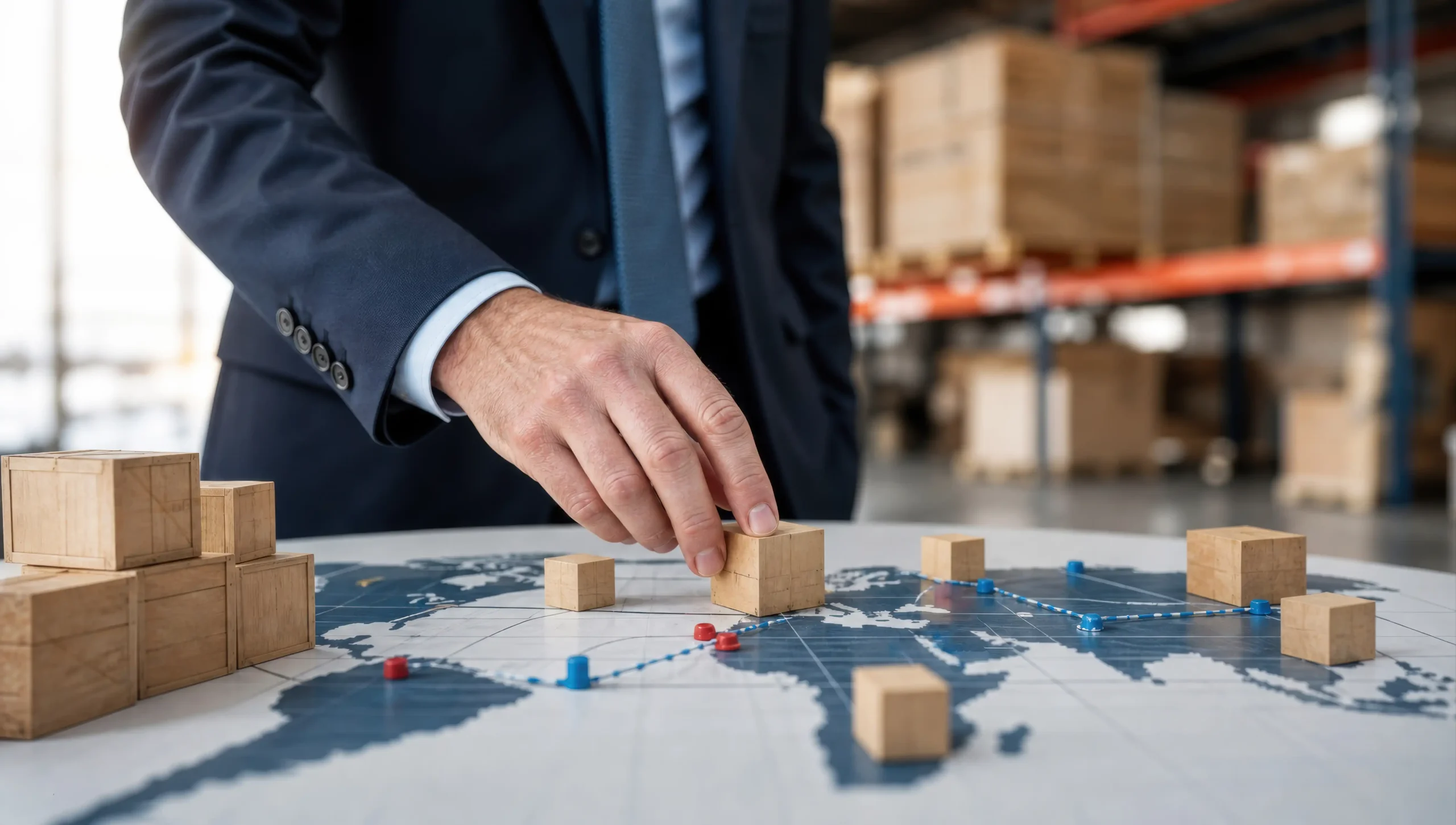 Main d'un homme en costume disposant de petits cubes en bois représentant la logistique sur une carte du monde dans un entrepôt.