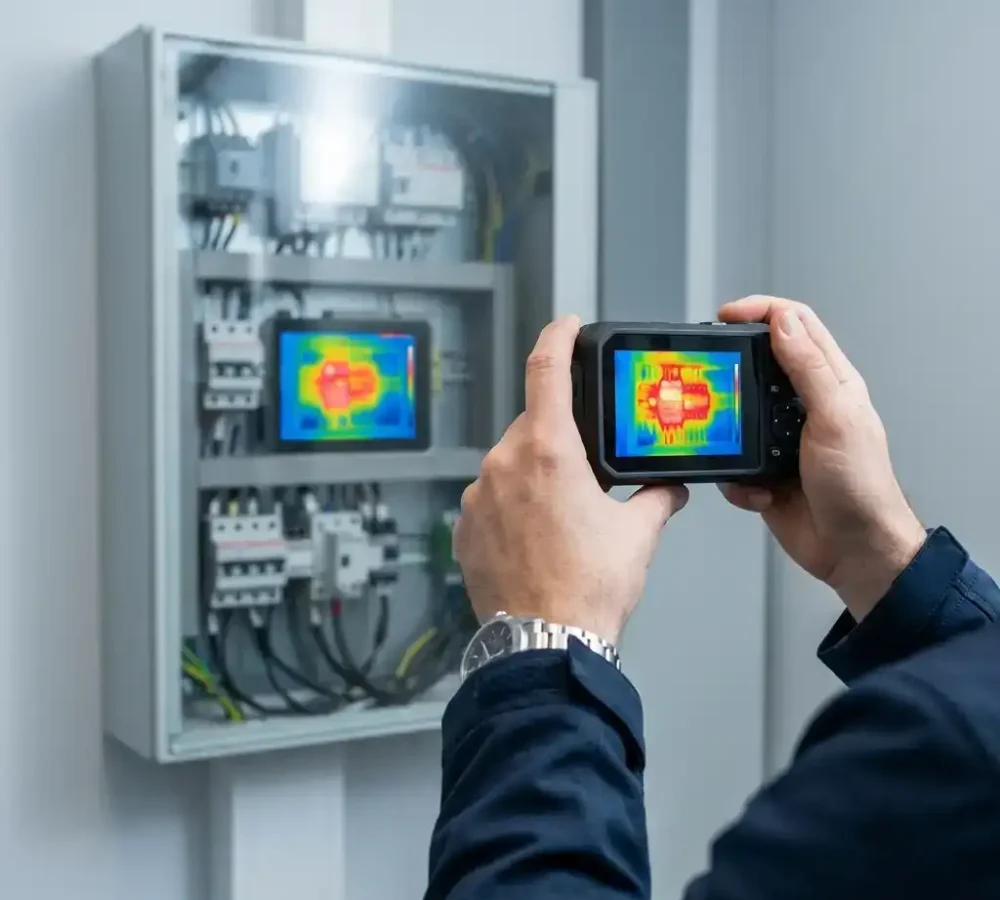 Plan rapproché d'un auditeur tenant une caméra thermique affichant un point chaud sur un tableau électrique industriel.