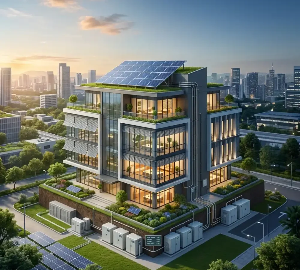 Bâtiment intelligent avec panneaux solaires et gestion technique du bâtiment par IA