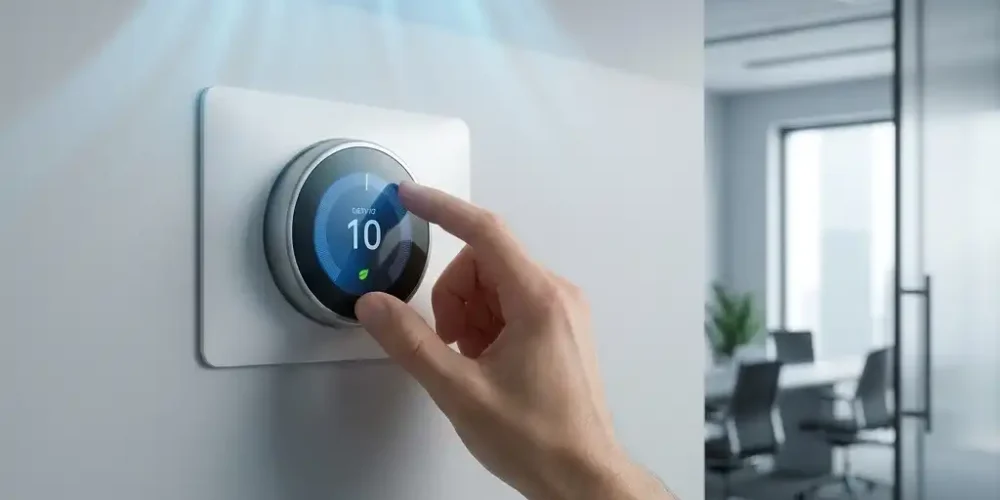 Gros plan : main réglant un thermostat numérique à une température extrême.