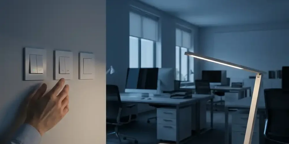 Bureau sombre : seule une lampe de table allumée, le reste dans la pénombre.