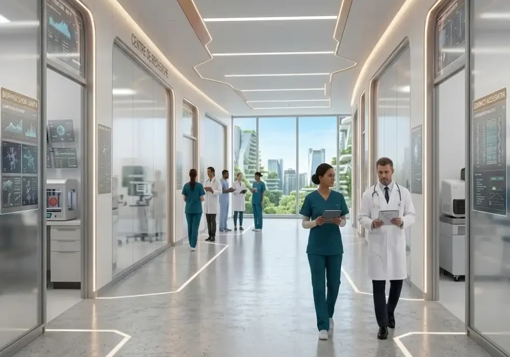 Couloir de centre de recherche médical futuriste avec personnel de santé.