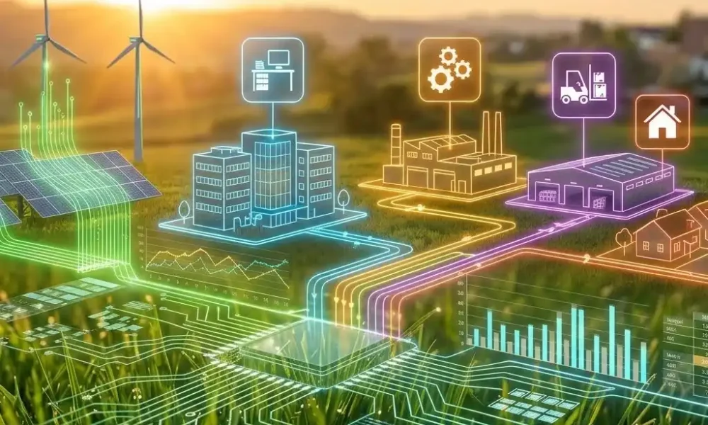 Schéma de réseau énergétique intelligent reliant bâtiments et énergies renouvelables.