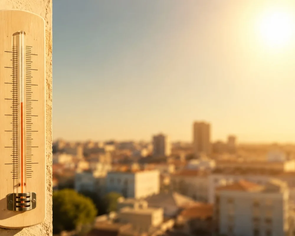 Thermomètre extérieur en bois affichant une température élevée sur fond de ville ensoleillée