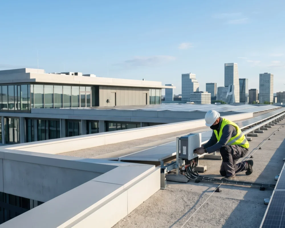 Technicien installant un système GTB sur un bâtiment tertiaire