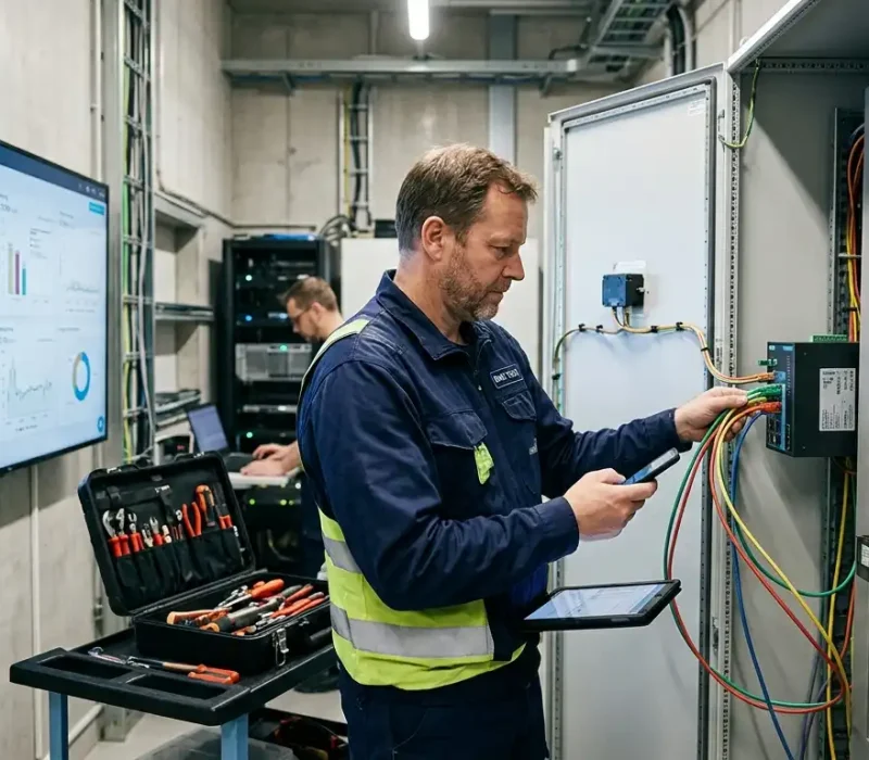 Technicien intervenant sur une armoire électrique GTB