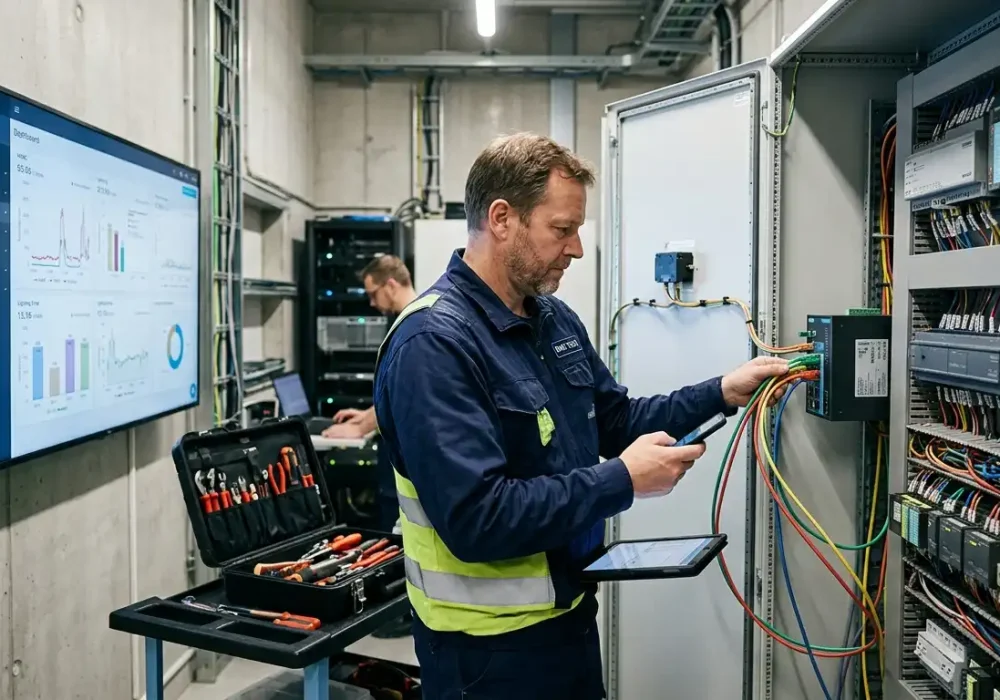Technicien intervenant sur une armoire électrique GTB