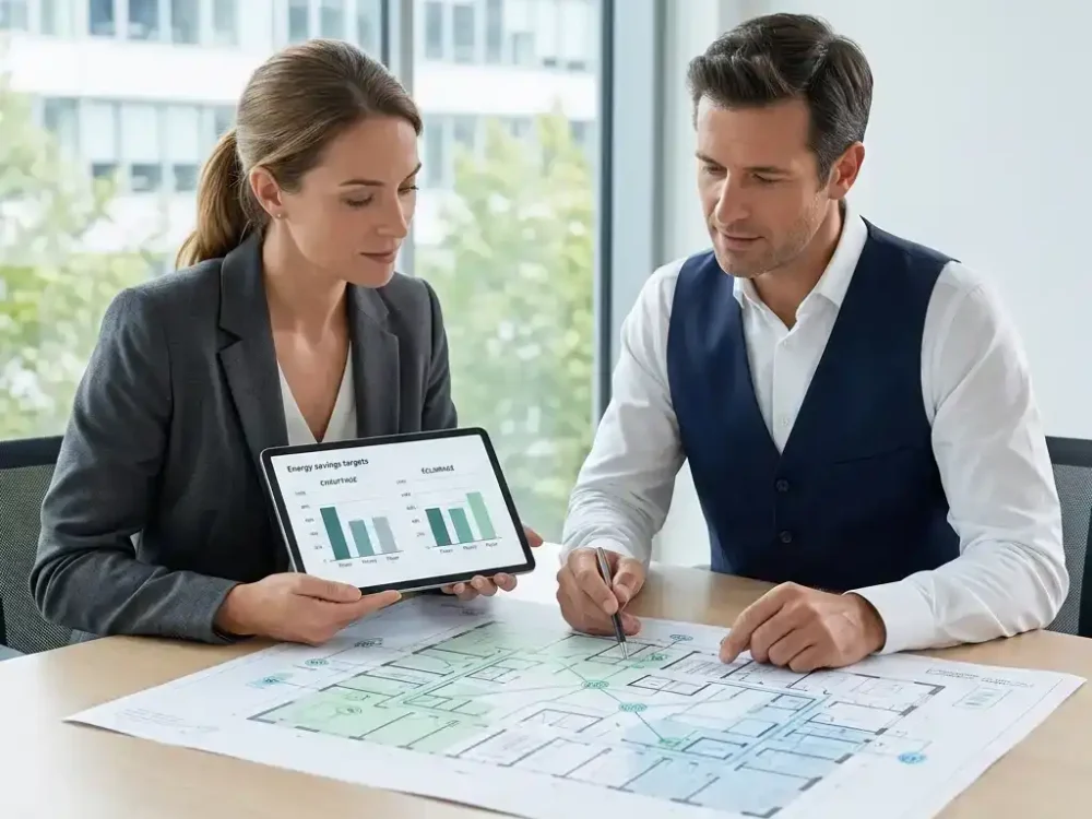 Un auditeur énergétique et une gestionnaire de bâtiment analysent ensemble un plan d'architecte et des graphiques de performance sur une tablette.