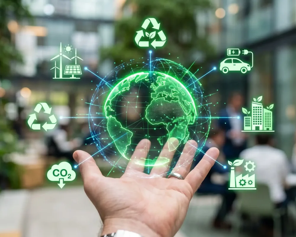 Main tenant un globe terrestre virtuel entouré d'icônes de développement durable, d'écologie et d'énergies renouvelables.