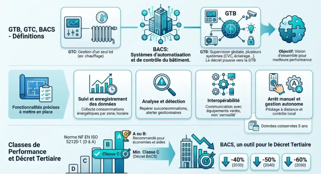 Esquema BMS/BACS que ilustra la gestión integral de la climatización, la iluminación y la energía de conformidad con el decreto terciario.