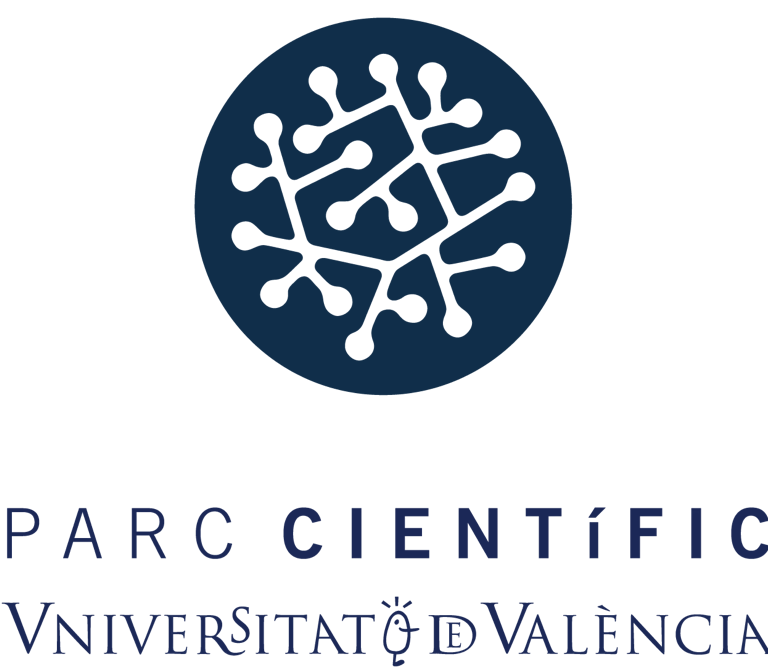 "Logotipo azul del Parc Científic de la UV con red molecular, solución BMS para eficiencia según decreto terciario"