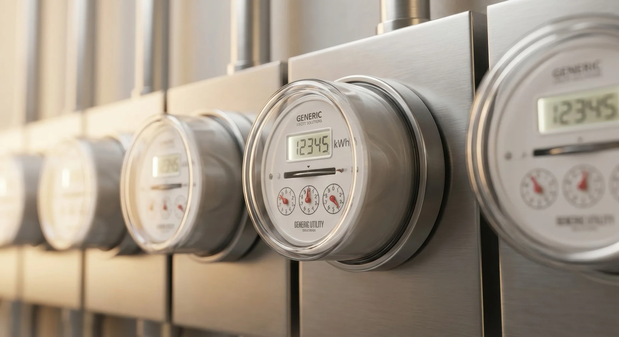 Imagen de varios contadores eléctricos digitales instalados en línea, pensada para ilustrar la medición, la telelectura y el seguimiento avanzado del consumo energético. Con L&Smart, las empresas pueden centralizar los datos de sus contadores, visualizar consumos en tiempo real, detectar desviaciones y tomar decisiones más rápidas para reducir costes energéticos y mejorar la eficiencia operativa de sus instalaciones.