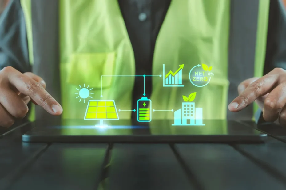 Imagen de un profesional señalando una tablet con iconos holográficos de panel solar, batería, edificio eficiente, crecimiento energético y objetivo net zero. La escena representa la gestión integral de la energía, la optimización del autoconsumo, el almacenamiento, la descarbonización y la toma de decisiones basada en datos. Con L&Smart, las empresas pueden supervisar sus activos energéticos, reducir costes, impulsar la eficiencia operativa y avanzar con criterio hacia una estrategia de sostenibilidad más rentable, medible y ambiciosa.