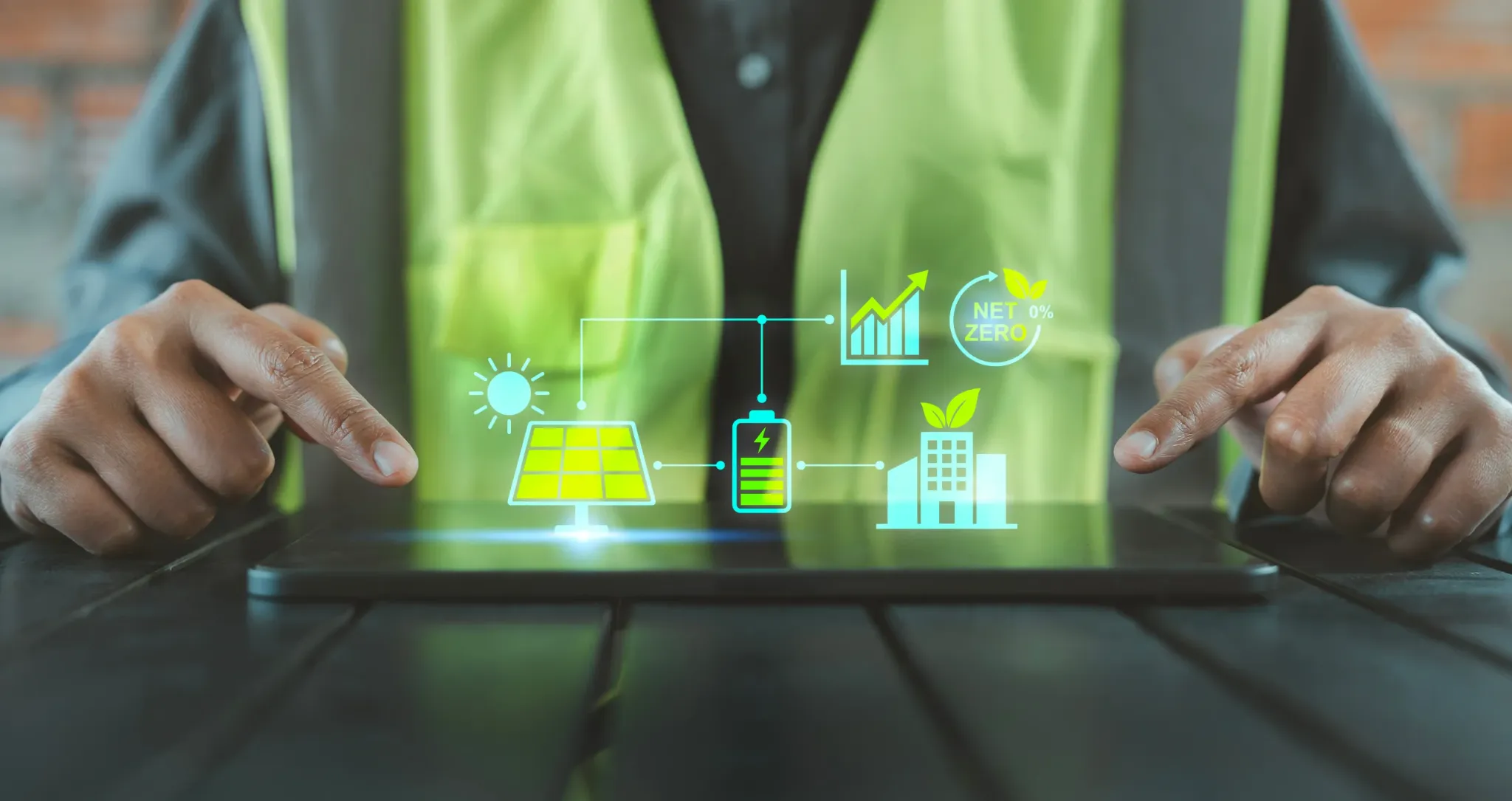 Imagen de un profesional señalando una tablet con iconos holográficos de panel solar, batería, edificio eficiente, crecimiento energético y objetivo net zero. La escena representa la gestión integral de la energía, la optimización del autoconsumo, el almacenamiento, la descarbonización y la toma de decisiones basada en datos. Con L&Smart, las empresas pueden supervisar sus activos energéticos, reducir costes, impulsar la eficiencia operativa y avanzar con criterio hacia una estrategia de sostenibilidad más rentable, medible y ambiciosa.