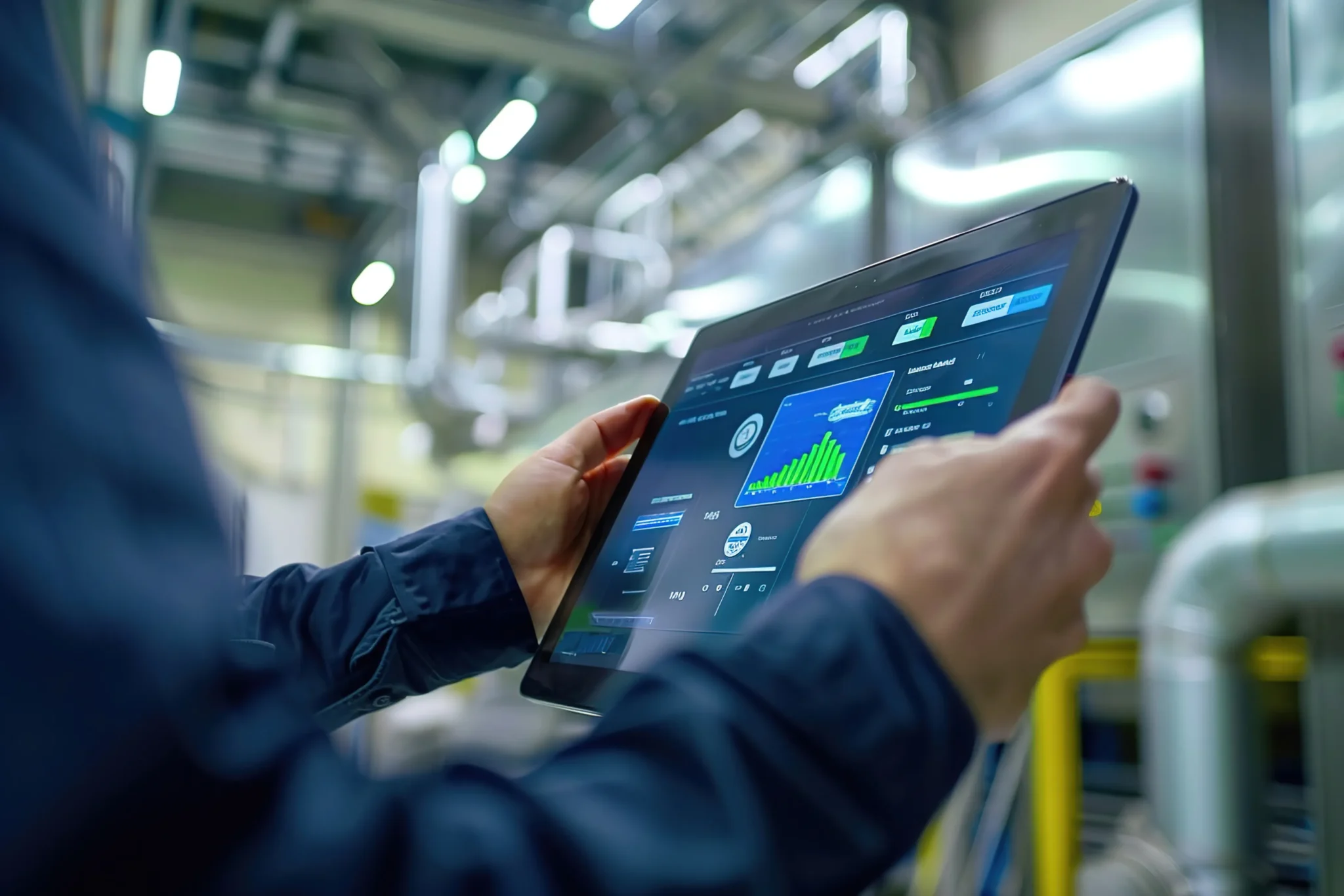 Imagen de un profesional consultando una tablet con un cuadro de mando energético en un entorno industrial. Representa la monitorización de instalaciones, el análisis de indicadores, la visualización de tendencias y el control operativo de procesos mediante una plataforma digital. L&Smart ayuda a transformar los datos energéticos en acciones concretas para ganar visibilidad, optimizar el rendimiento y acelerar la toma de decisiones en planta.