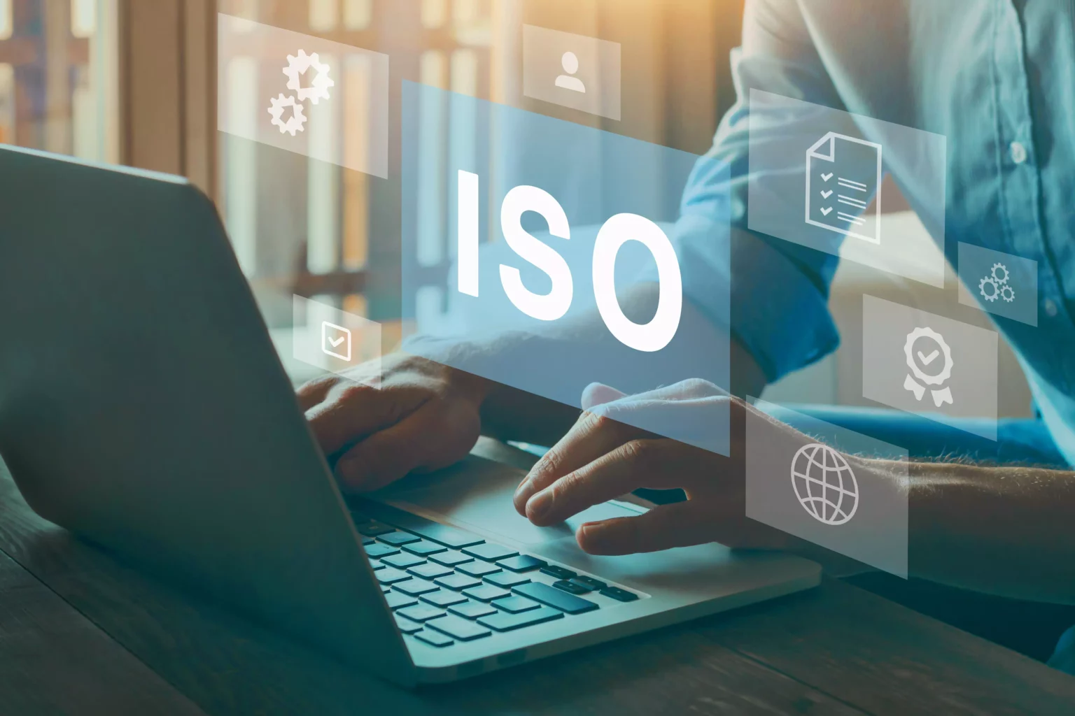 Persona trabajando en un portátil con iconos virtuales de la norma ISO, certificación y procesos superpuestos