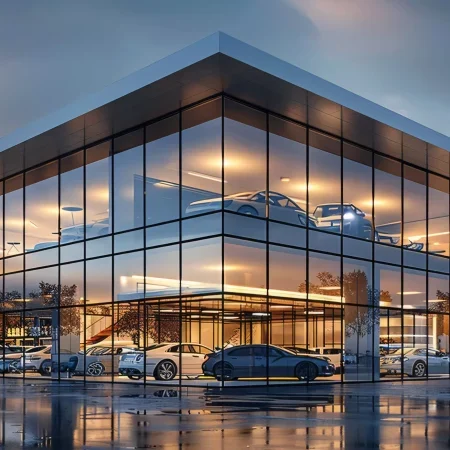 Concesionario de coches con fachada acristalada iluminada al atardecer y vehículos expuestos en el interior